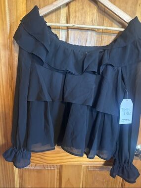 Time and Tru Black Ruffle Off-Shoulder Blouse